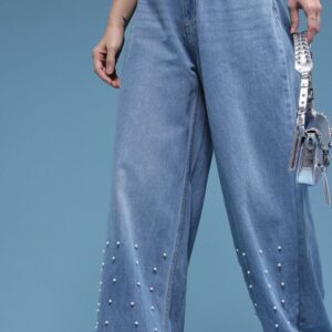 Women Baggy Mid-Rise Light Fade Embellished Pure Cotton Jeans