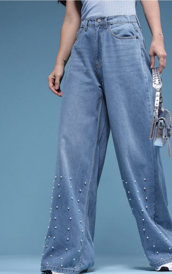 Women Baggy Mid-Rise Light Fade Embellished Pure Cotton Jeans