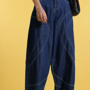 Women Contrast Stitch Barrel Fit Cropped Jeans